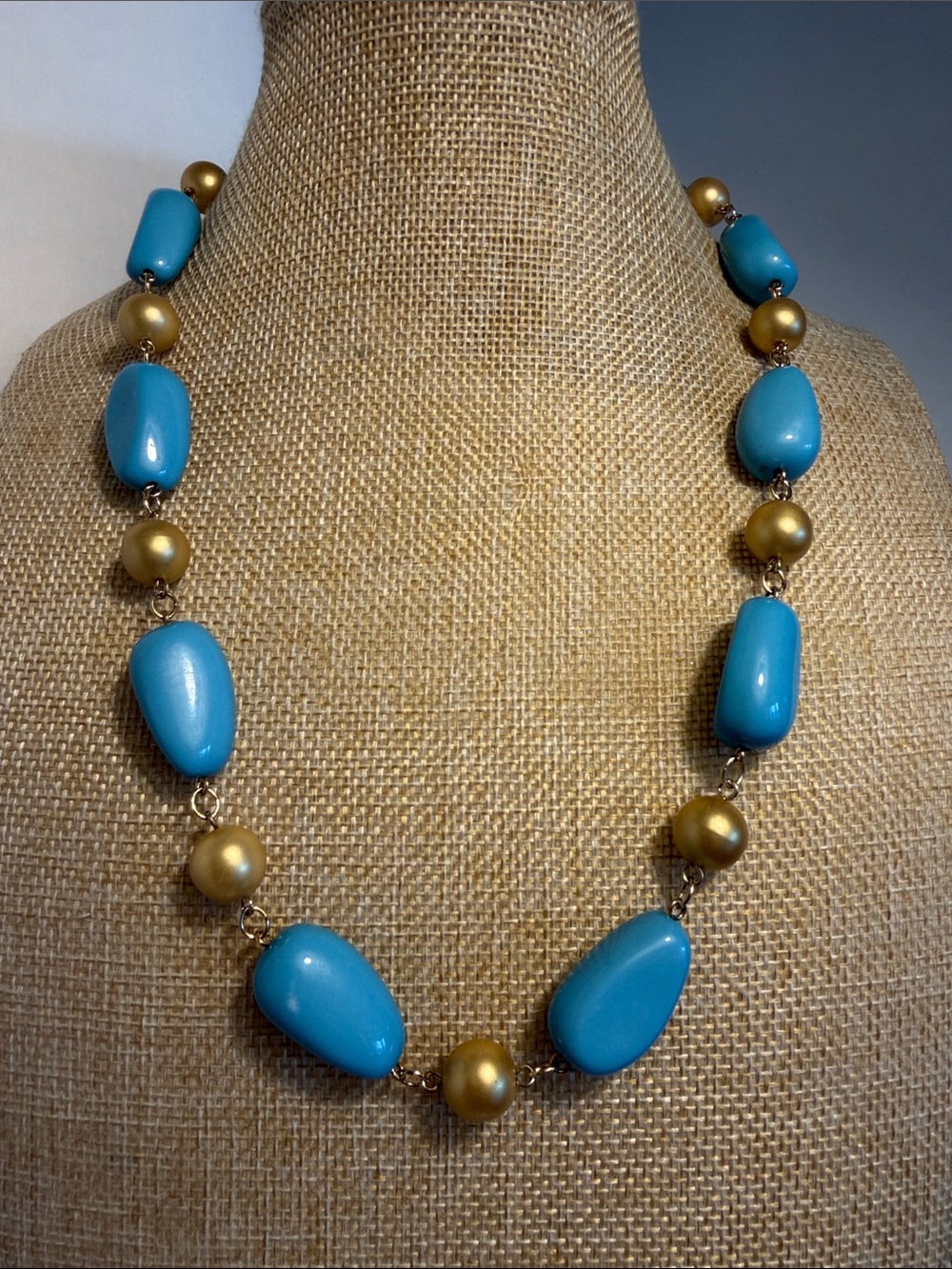 Kenneth Jay Lane Blue Turquoise Lucite and Gold Faux Pearl Necklace
